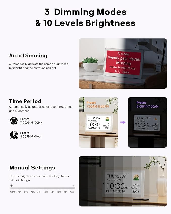 10.1" Digital Clock with Date and Day for Elderly, Remote Control Digital Calendar with 12 Themes & 9 Colors, AutoDST, 23 Preset Schedules & Customizable, Auto Dimming, Indoor Temperature, Humidity