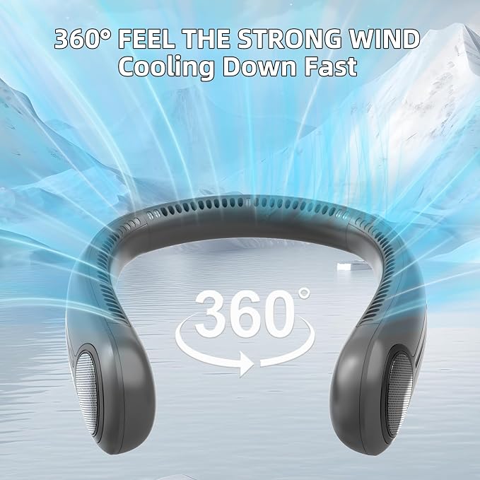 Portable Neck Fan, Personal Wearable Bladeless Fan, 6000mAh USB Rechargeable, 360° Airflow, LED Display, 4-Speeds, Hands Free Fan for Outdoor Indoor, Birthday Gifts for Men Women Dad Mom (Dark grey)