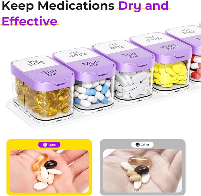 Odaro Extra Large Weekly Pill Organizer 2 Times A Day, Pill Box 7 Day Am Pm to Hold Daily Medicine Vitamin and Supplements - Purple