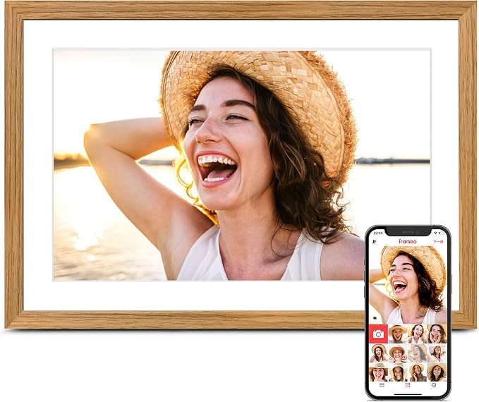 Frameo 10.1" Digital Picture Frame WiFi Wood, 1280 * 800 IPS HD Touchscreen, 32GB Storage, Instant Share Photo Video, Gifts for Mom, House Warming