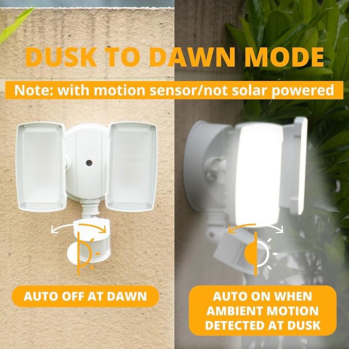 UME 2 Pack 19W LED Flood Light Motion Sensor Outdoor, 2 Adjustable Head, 2000LM, 5000K, IP65 Waterproof, Dusk to Dawn Security Light with Photocell for Exterior,Outside,Garage,House(White)