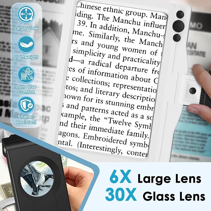 30X 6X Rechargeable Magnifying Glass for Reading, Large Full Page Magnifier with Folding Stand, 3 Color Light Modes, Dimmable LED Lighted, Hands Free Book Magnifier for Low Vision Seniors, White-Black
