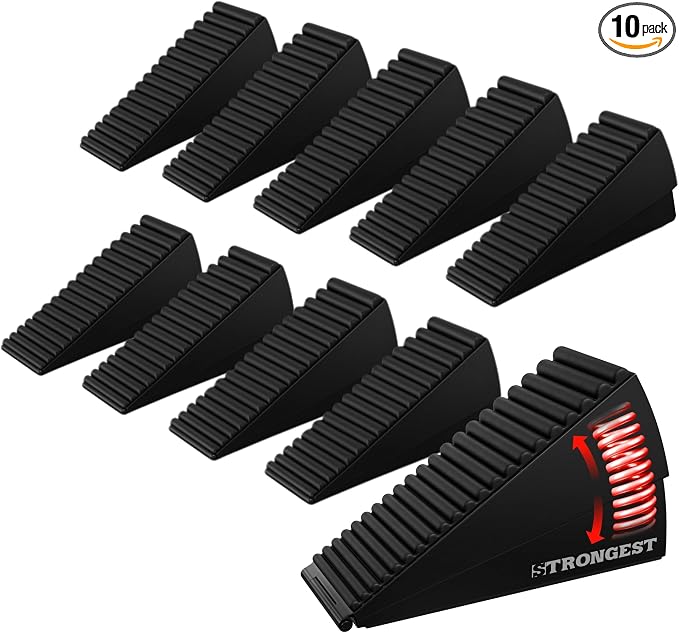 STRONGEST HOME Stoppers for Bottom of Door – Heavy Duty Metal Rubber Door Stopper, Non-Slip Door Stop for Heavy Doors, Works on Wood, Tile & Carpet Floors Folding Black 10 PCs + White Wall Protectors