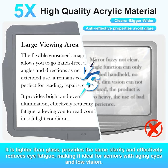 5X Neck Magnifying Glass with Light Hands Free for Reading,Seniors | Full Page View Neck-wearable Magnifying Glass Hands-Free, 50 LED Lighted Magnifier for Sewing & Crafts