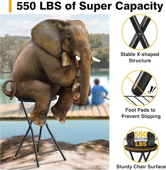 Portable Folding Chair with Handle, Heavy Duty Round Fold Stool Chair | 550lbs Capacity for Adults, 24 Inch Foldable Stool for Dorm, Kitchen, Vanity, Church and Outdoor use