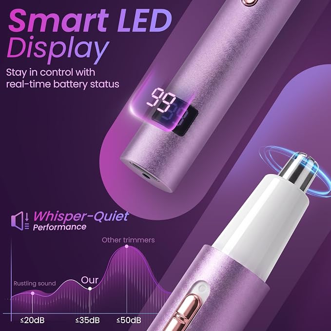 Nose & Ear Hair Trimmer for Women and Men, 2026 Painless USB Rechargeable Facial & Eyebrow Trimmer Clipper with LED Display for Easy Cleansing, Portable Grooming Kit,Gift Box Included (Purple)