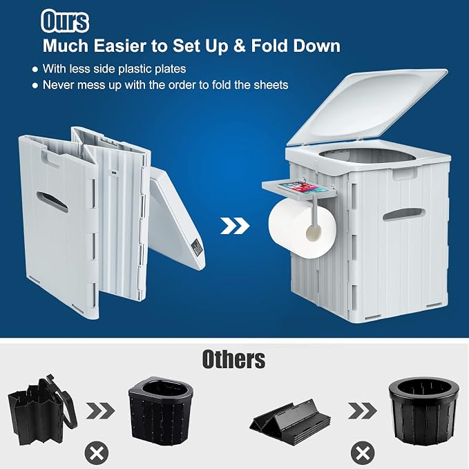 XL Portable Toilet for Adults Extra Large, 15.4"H Foldable Camping Toilet with Detachable Phone Shelf and Toilet Paper Holder, Waterproof Porta Potty with Lid for Camping, Long Road Trips, Car, Gray