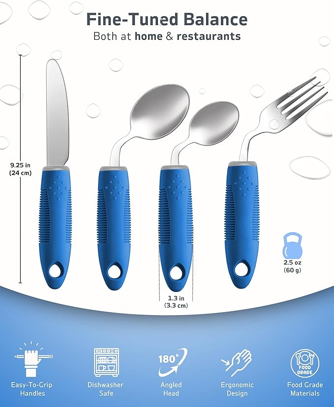 4-Piece Adaptive Utensils Set - 42°Angled Parkinsons Utensils, Weighted Utensils for Tremors and Parkinsons Patients, Blue (Left-Handed)