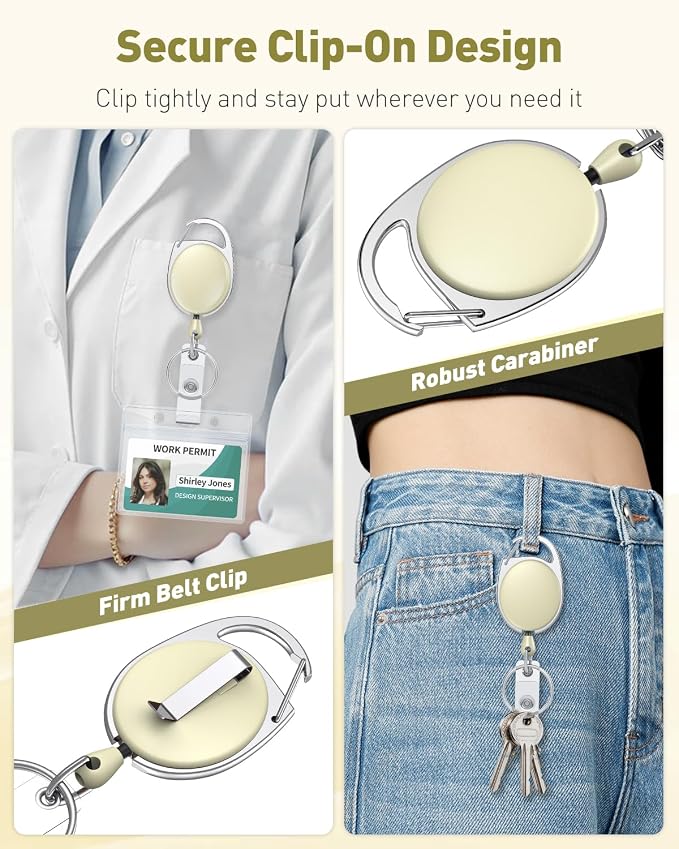 Uniclife 2 Pack Retractable Keychain, Retractable Badge Reel, Heavy Duty Badge Holder Clip for Keys and ID Card, Key Chain Extender with Carabiner Belt Clip and Key Ring, Light Yellow