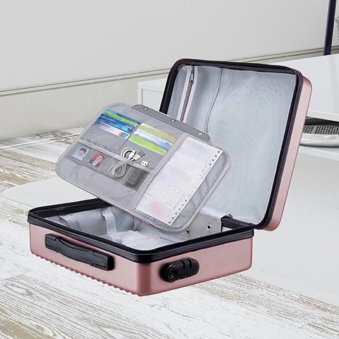 Fireproof Document Box Secure Storage Waterproof Briefcase files Organizer Bag Hard Container Case for Contracts Outdoor, Rose Gold