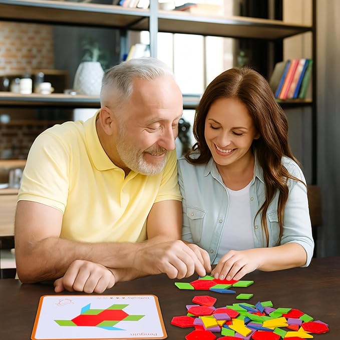 Dementia Activities for Seniors - 155 Pieces Wooden Tangrams Puzzle, Easy Memory Game for Alzheimer's with Colorful Shape Tiles, Cognitive Craft Gifts, Games for Seniors with Dementia