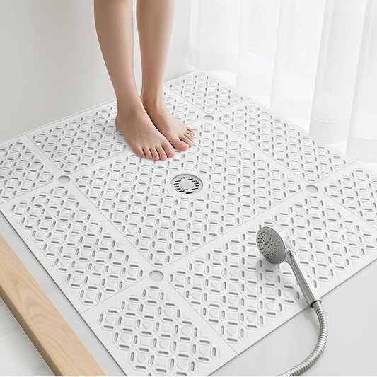 Yolife Square Shower Mat, 27" x 27" Large Shower Mat with Center Drain Hole, Soft TPE Non Slip Shower Mats for Inside Shower with Suction Cups, Anti Slip Washable Shower Floor Mat, White