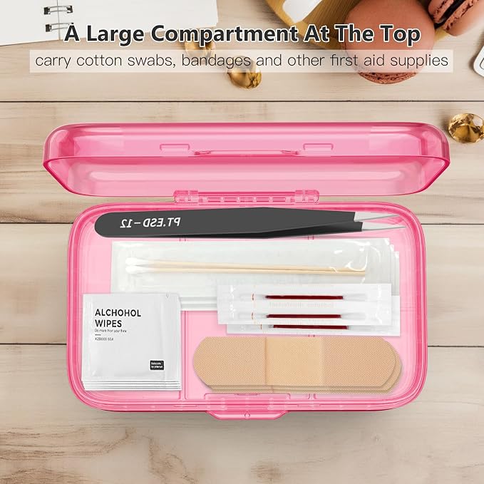 FYY Weekly Pill Organizer with Labels,8 Compartments Travel Daily Pill Case Airtight Moistureproof Large Pill Box to Hold Vitamins, Fish Oil, Supplements,Cotton Swab and Bandages-Hot Pink