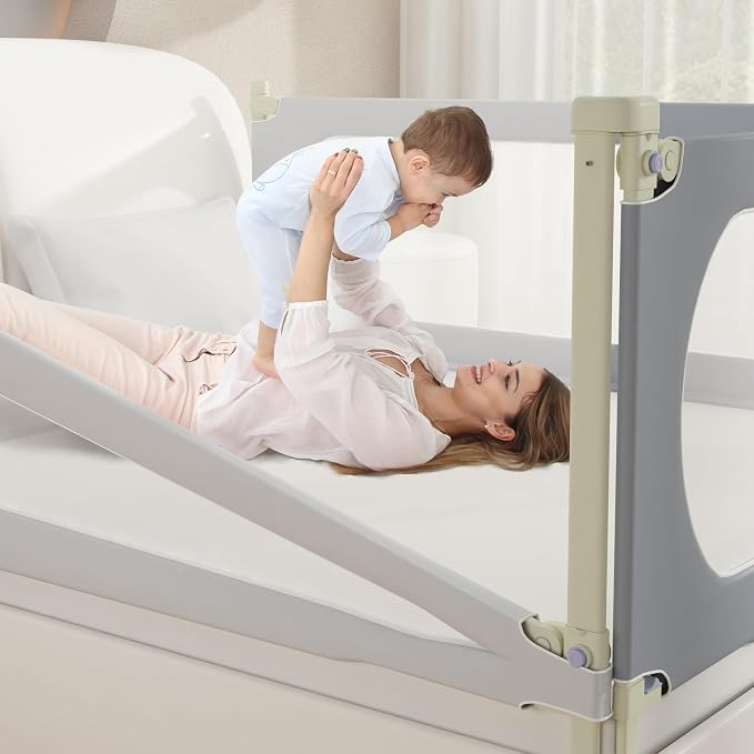 Bed Rail for Toddlers Queen Mattress Size Swing Down Side Rail Guard Rail for Kids (Gray and White, Full)