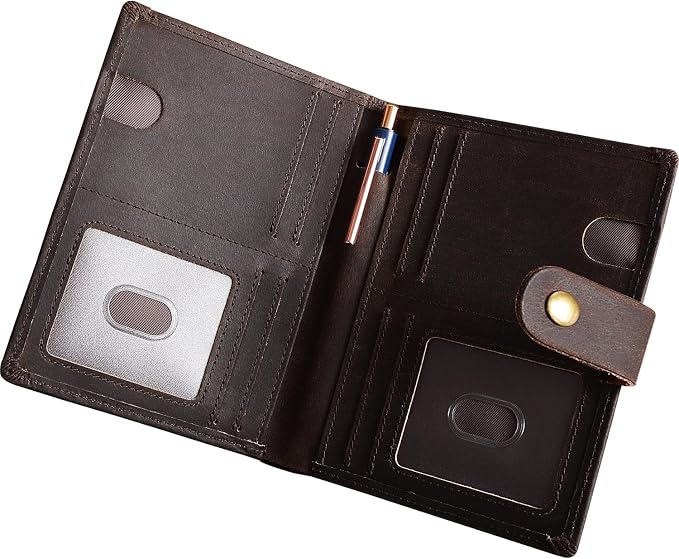 Vitus Full Grain Leather Passport Wallet, Travel Document Organizer with RFID Blocking, Dual Passport Slots, Multiple Card Holders, AirTag Compatible, a 60-Page Travel Notebook & Pen Included
