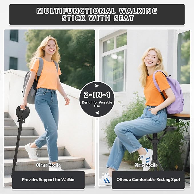 Folding Walking Stick with Seat, 3-in-1 Triple-Leg Cane Stool, 330lbs Capacity, Lightweight 3.5lbs Aluminum Alloy for Hiking, Travel & Elderly Support Includes Storage Bag