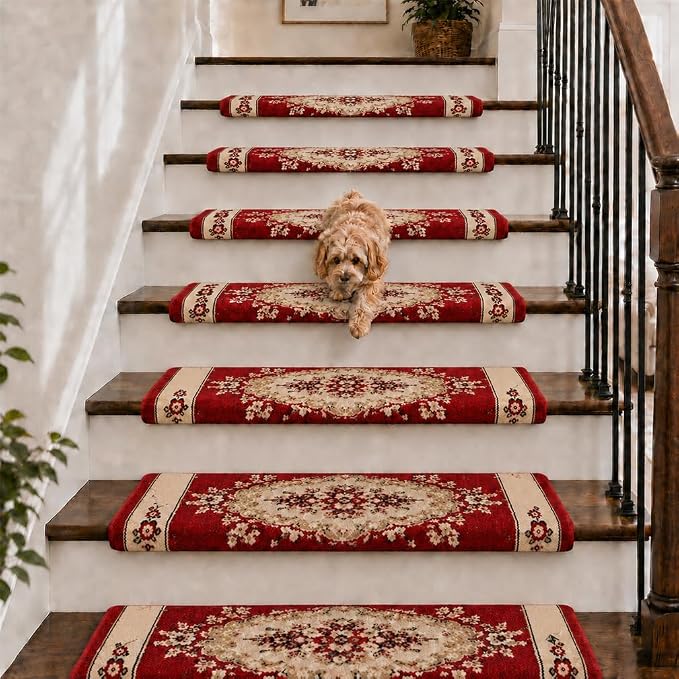 Rounded Bullnose Carpet Stair Treads for Wooden Steps Indoor, No Tape Non Slip Step Mats with TPU Backing & Steel Reinforced Edge for Dogs Elders,Red Medallion,28