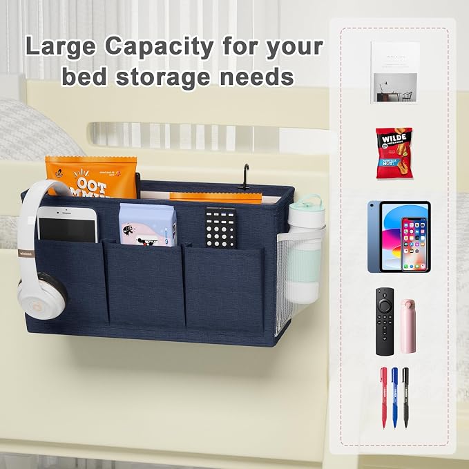 Bedside Caddy Storage Organizer for Bed Rails, Bed Caddy with 6 Pockets | Bedside Organizer with Fixed Straps and Hooks, Mattress Supported Versatile for Home, Dorm, Bunk, Hospital and Crib Bed