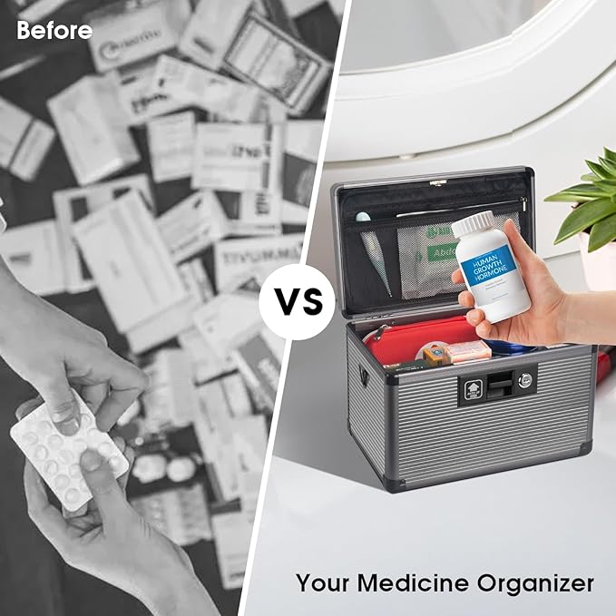 Medicine Lock Box with Key, Alluminum Alloy Box for Medication,First Aid Box with a Removeable Tray to Store Medicines & Pills for Home, Black,16 * 9.25 * 7.48 Inch