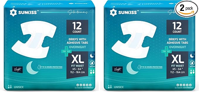 SUNKISS TrustPlus Overnight Adult Diapers with Ultimate Absorbency, Unisex Disposable Incontinence Briefs with Tabs for Men and Women, Odor Control, XLarge, 12 Count (Pack of 2)