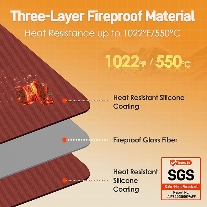 Heat Resistant Mats for Countertop fits Tabletop Grill, 36x24x0.04in, Red | 1022℉ Fireproof grill mat for countertop/table protection, fits gas/charcoal grills, pizza ovens, fits Blackstone & Ninja