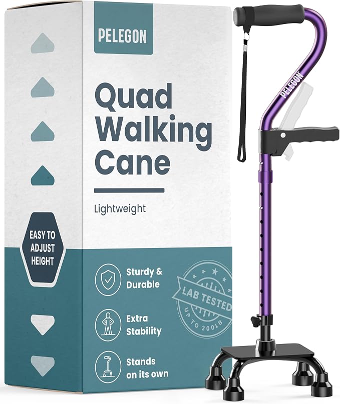 PELEGON Quad Cane (300LB) - Adjustable Walking Cane with A Large 4 Pronged Base for Extra Balance & Stability, Walking Canes for Seniors, Walking Cane for Men & Women, Walking Sticks