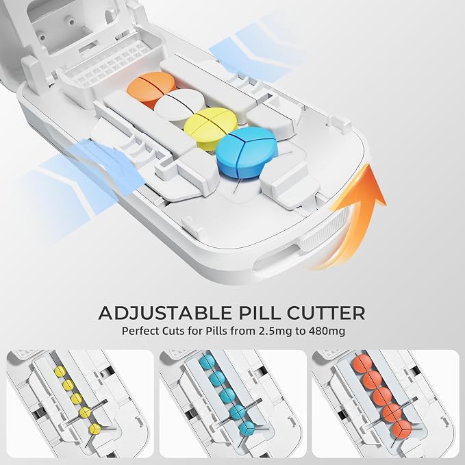 Betife Pill Cutter Splitter for Small & Tiny Pills, Precise 1/2 1/3 1/4 Tablet Cutter with Adjustable Centering, Portable Pill Splitter with Safety Guard & Built-in Storage