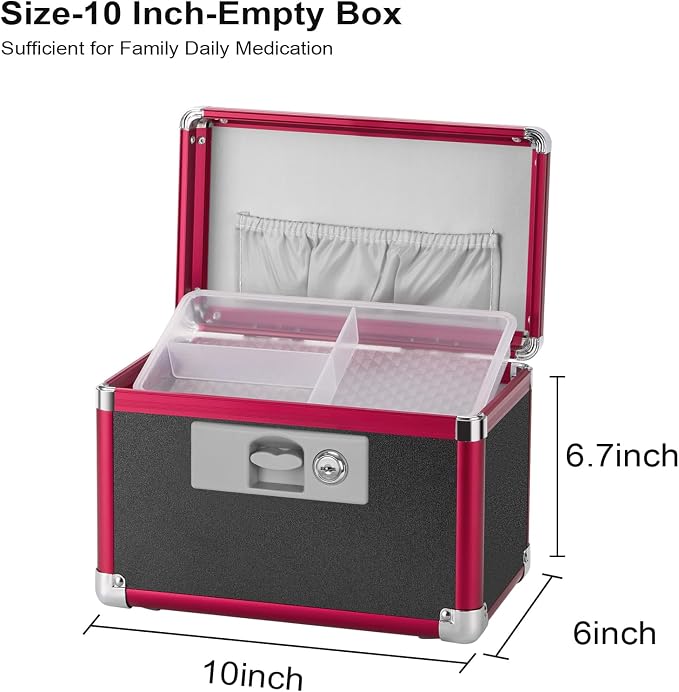 Medicine Lock Box with Key Lock - 10" Hard Case First Aid Safe Medication Storage with Removable Tray & Pockets for Pills, Home, Car & Outdoor - Black Red [No Strap]