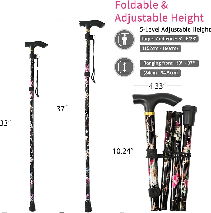 Folding Canes for Men and Women, Floral | 5-Level Adjustable Height, Lightweight Collapsible, Aluminum, Wrist Strap, T Handle, Walking Sticks for Seniors Adults