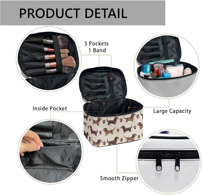 Dachshund Dog Pattern Toiletry Bag Travel Make Up Bag Women Cosmetic Bag, Kawaii Puppy Dogs Paws Roomy Cosmetic Pouch for Purse Zipper Makeup Bags Large