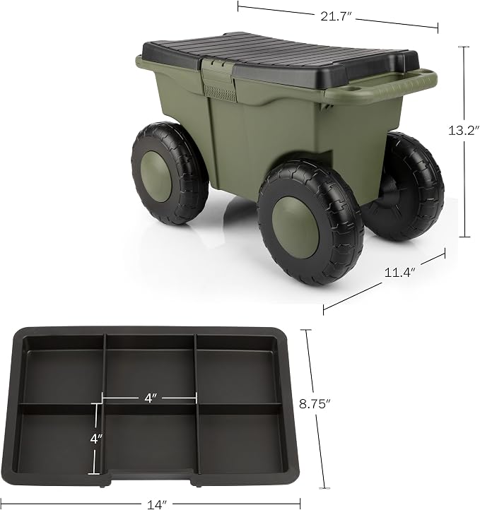 Pure Garden Rolling Garden Cart with Seat - Plastic Storage with Bench and Interior Tool Tray - Gardening Stool for Weeding and Planting (Green)