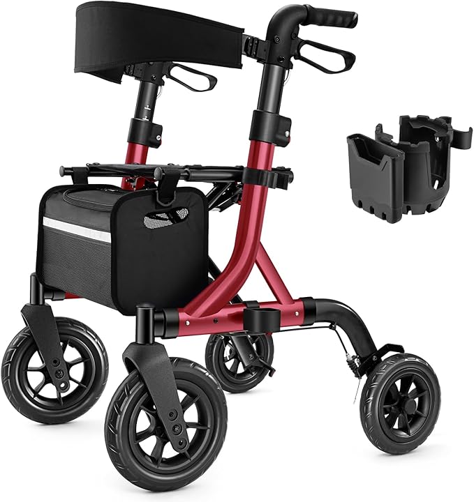 Walkers for Seniors, Rollator Walker with Seat, 10" Rubber Wheels All Terrain Rollator Walker with Backrest, Aluminum Walkers Built-in Cable, Foldable and Adjustable Height for Seniors, Red