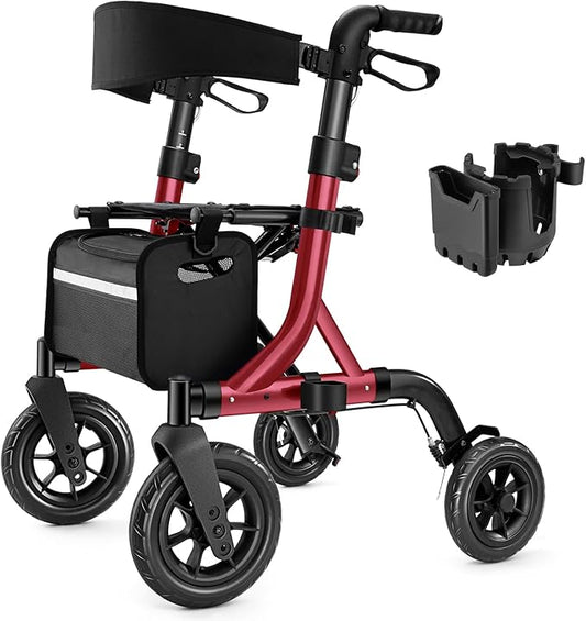 Walkers for Seniors, Rollator Walker with Seat, 10" Rubber Wheels All Terrain Rollator Walker with Backrest, Aluminum Walkers Built-in Cable, Foldable and Adjustable Height for Seniors, Red