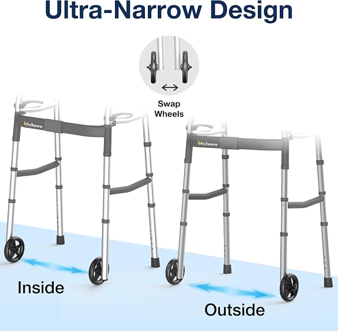 Standard Walkers for Seniors,Folding Walker with Front Wheels, Height and Width Adjustable Standard Walker,350lbs Capacity, Lightweight Aluminum Walker for Elderly Adults and Handicap