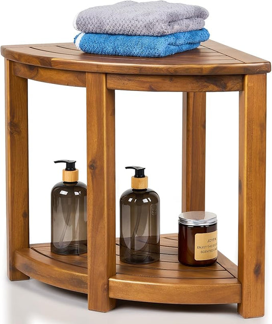 Teak Shower Stool, 18" Corner Shower Benches for Inside Shower Bathroom Wood Shower Seat with Storage Shelf Waterproof - S35796