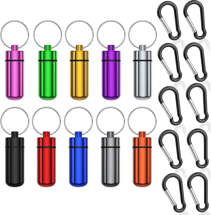 Small Portable Pill Case with Keychain, (10 Pack + 10 Carabiner Clips) Waterproof Aluminum Pill Organizer Metal Mini Box Pocket Drug Storage Container for Outdoor Camping Travel