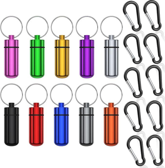 Small Portable Pill Case with Keychain, (10 Pack + 10 Carabiner Clips) Waterproof Aluminum Pill Organizer Metal Mini Box Pocket Drug Storage Container for Outdoor Camping Travel