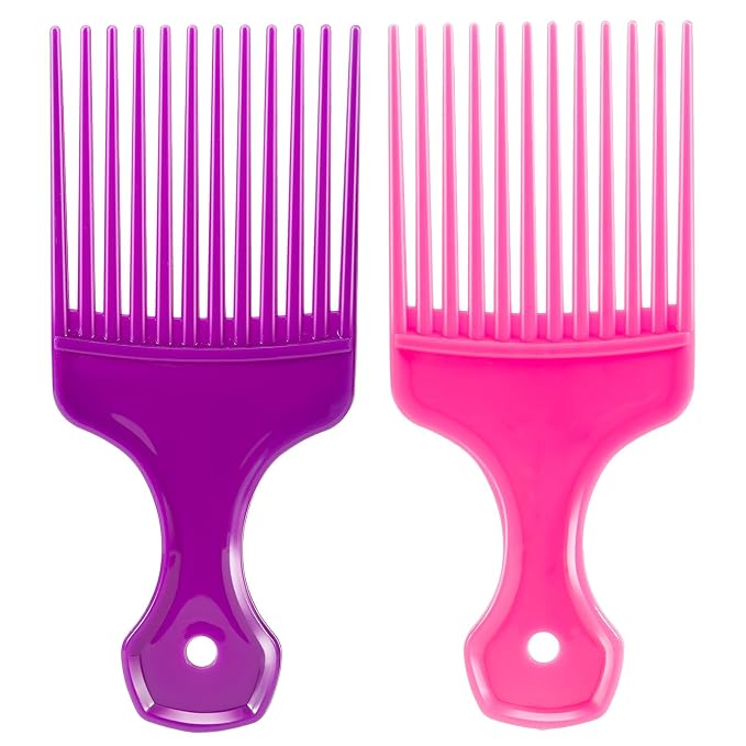 SIMPOR 2 Pcs Hair Pick Comb Wide Tooth Lift for Hair Styling Detangling Plastic Afro Pick for Women Men (Purple, Pink)