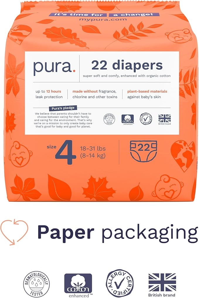Pura Size 4 Eco-Friendly Diapers (18-31lbs) TCF Hypoallergenic, Soft Organic Cotton, Sustainable, up to 12 Hours Leak Protection, Allergy UK, Recyclable Packaging, 3 Packs of 22 (66 Diapers)