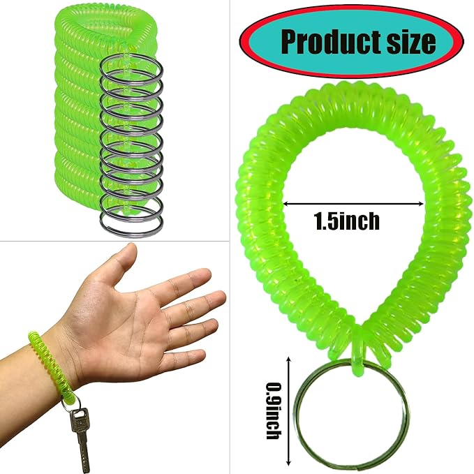 10 Pieces Wrist Coil Keychain Spiral Key Ring, Clear Green | Wristband Bracelet Key Holder for Pool Gym ID Badge
