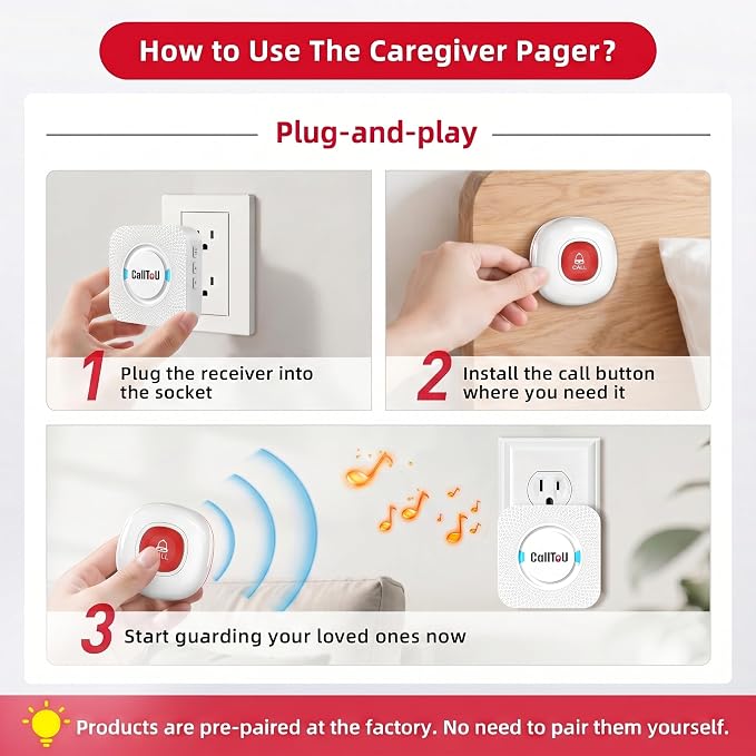 CallToU Wireless Caregiver Pager Call Button for Elderly at Home Nurse Alert System 500+ Feet for Seniors/Elderly/Patient/Disabled 1 Plugin Receiver 1 Waterproof SOS Button