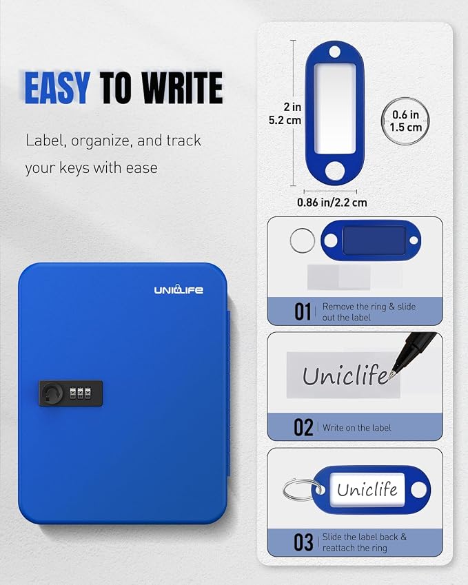 Uniclife 48 Keys Lock Box for Keys with Code, Wall Mount Key Lock Box with Code, Lockbox for Keys, Key Lockbox with Tags, Key Cabinet, Key Storage Box for Home Office & Company, Blue
