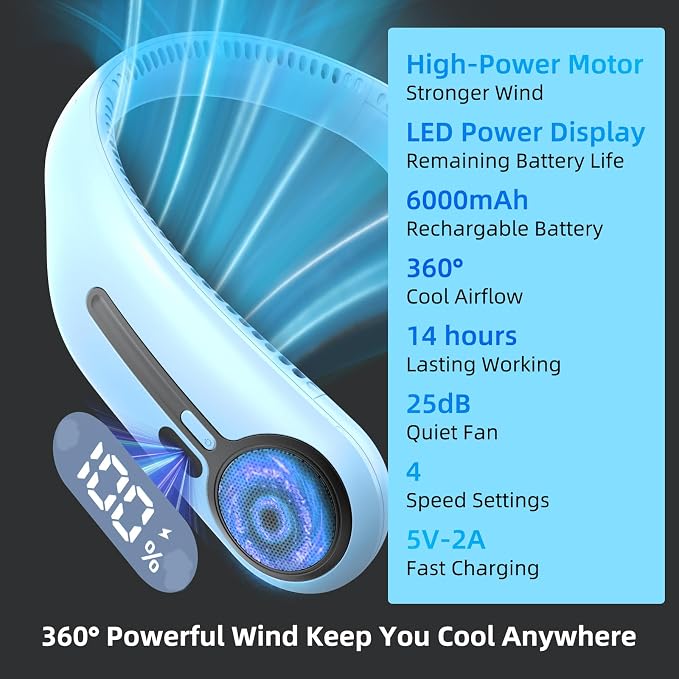Portable Neck Fan, Personal Wearable Bladeless Fan, 6000mAh USB Rechargeable, 360° Airflow, LED Display, 4-Speeds, Hands Free Fan for Outdoor Indoor, Birthday Gifts for Men Women Dad Mom (Light blue)