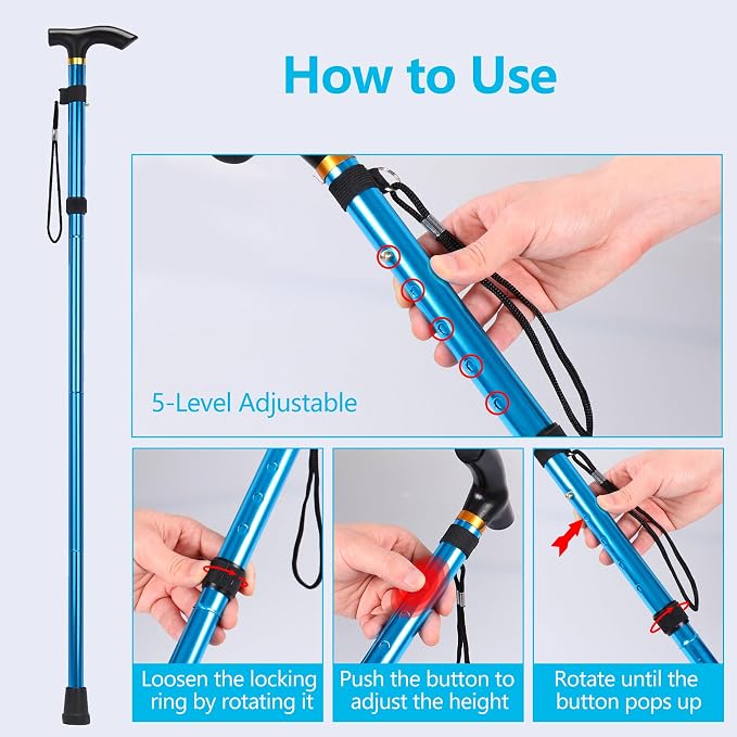 Walking Cane, Folding Cane for Man & Women, Portable Lightweight | 5-Level Adjustable Height, Collapsible Cane for Seniors Balancing Mobility Aid