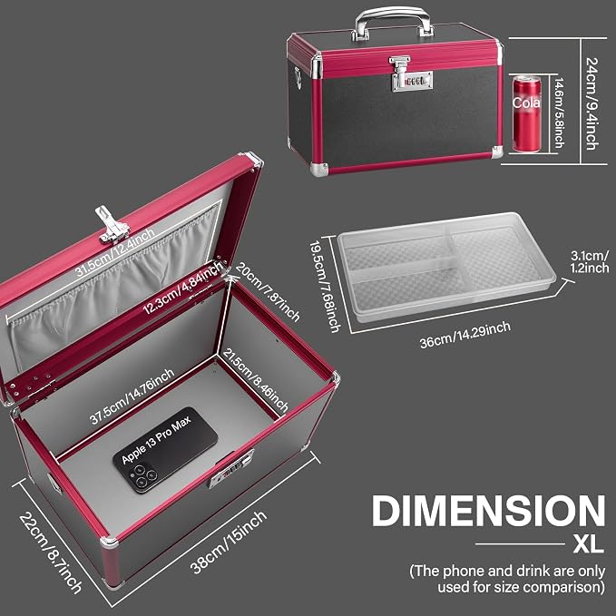 LOCKCURX Medication Lock Box, 15x8.7x9.4 Inch Aluminum Alloy Medication Safe, First Aid Box with Detachable Tray & Travel Pouch, Childproof & Privacy Medicine Box for Home, Travel, Dorm (Black)
