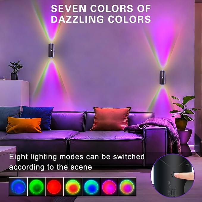 Rechargeable Motion Sensor Night Light, Magnetic RGB Wall Sconces 2 Pack | 7 Color Motion Sensor Light Indoor, 1500mAh LED Wireless Wall Sconces Battery Operated for Bedroom, Bathroom, Hallway, Stairs