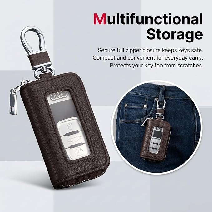 1PC Car Key Fob Case, Leather Car Key Holder for Purse, Automotive Smart Key fob Holder with Hook, for Remote Key Fob