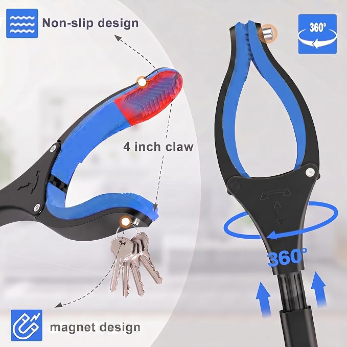 59 INCH Extra Long Grabber Reacher Tool，Trash Picker Pick Up Stick with Strong Grip Magnetic，360°Rotating Anti-Slip Jaw 4" Wide Claw Opening,Hand Grabber (BlueSilver, 59 Inch)