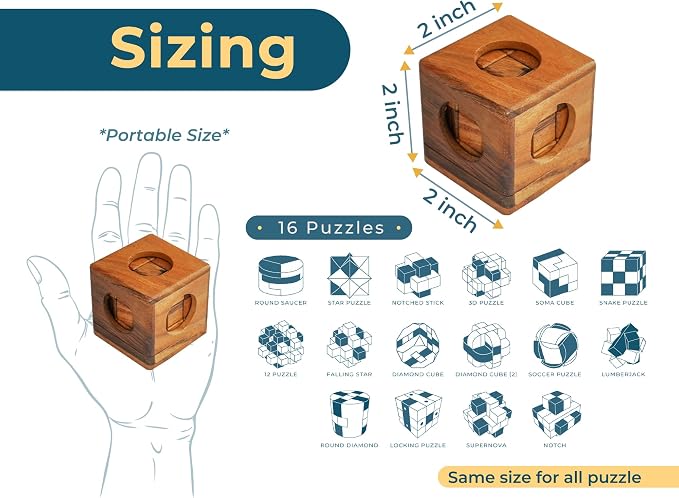 BSIRI 16 in 1 Wooden Brain Teaser Puzzles for Adults and Seniors Interlocking 3D Mini Wood Mind Games Hand Puzzle Teasers Set Toys Coffee Table Games Gift