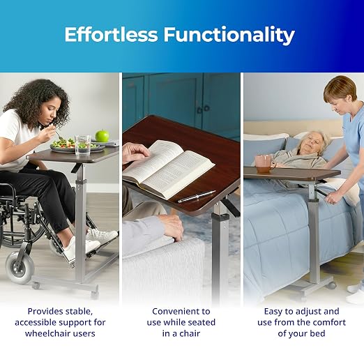 Invacare Bed Table, Height Adjustable Overbed Table, Hospital Bedside Table, Medical Rolling Desk with Wheels, Waterproof Medical and Home Use L-Shaped Steel Base Over Bed Tray Table
